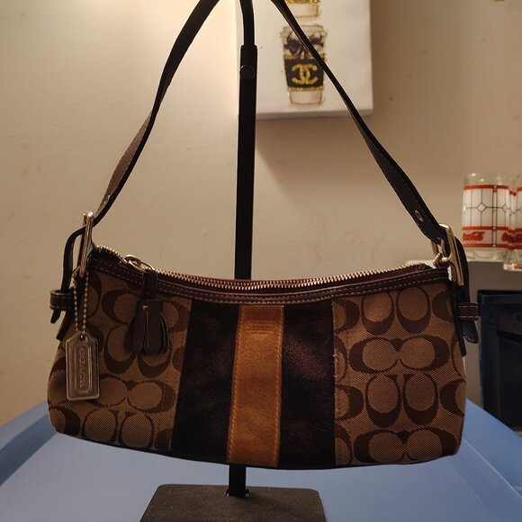 Coach Handbags - Coach 8K09 Y2K Signature Stripe Demi Bag Brown Suede Baguette 2006